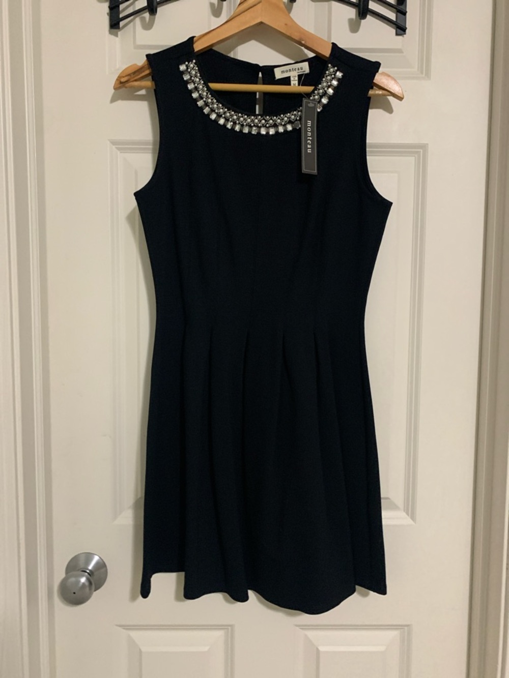 Monteau Black Sleeveless Mini Dress with Jeweled Neckline